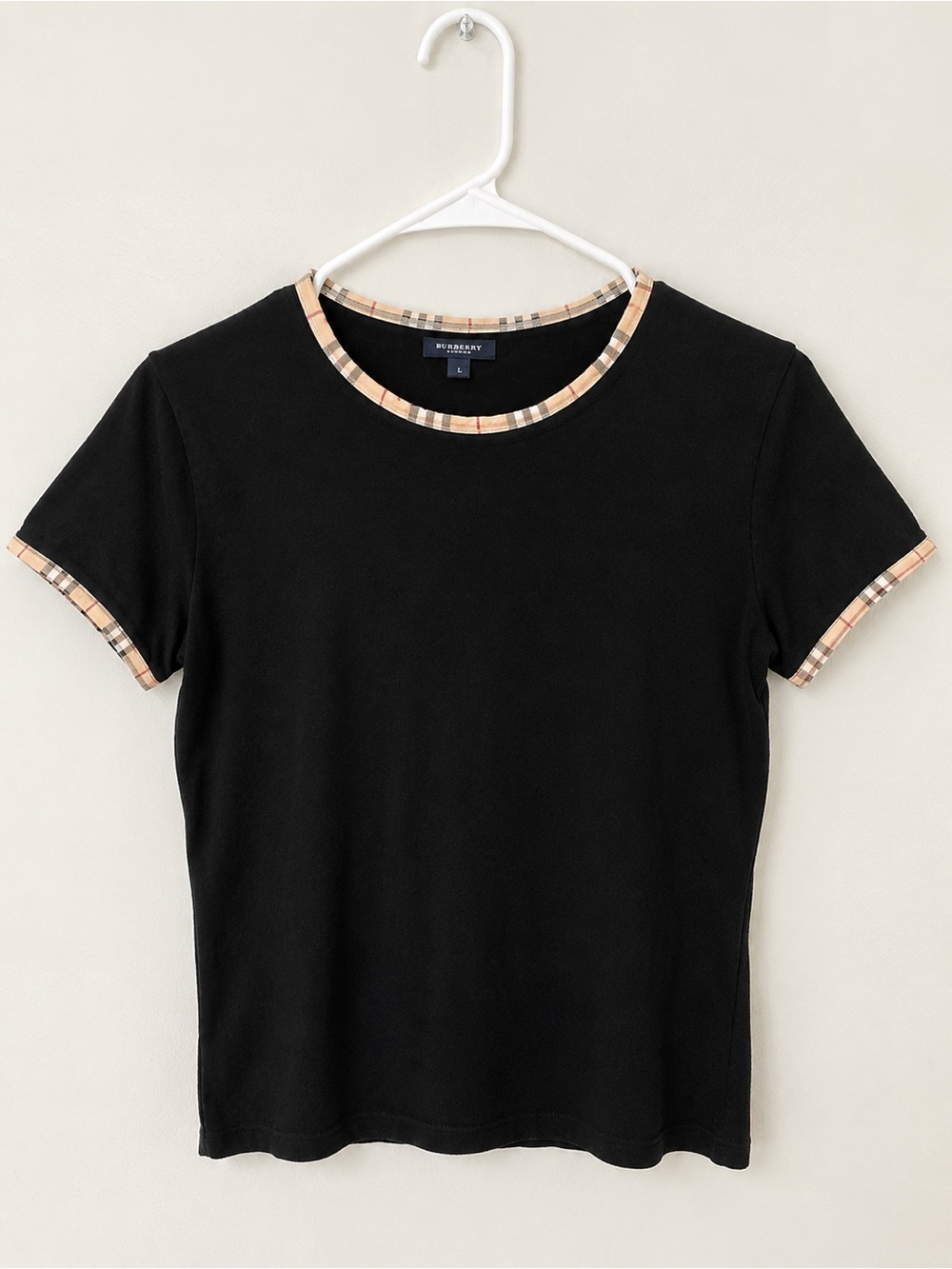 Burberry Black Short-Sleeve Tee with Plaid Trim - Women